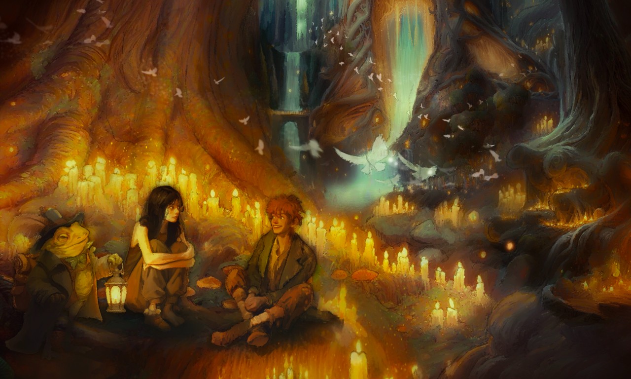 Whimsical scene of two people and a toad sitting in a cave surrounded by candles with a waterfall in the background.